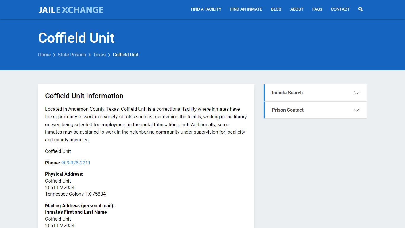 Coffield Unit Inmate Search, TX - Jail Exchange